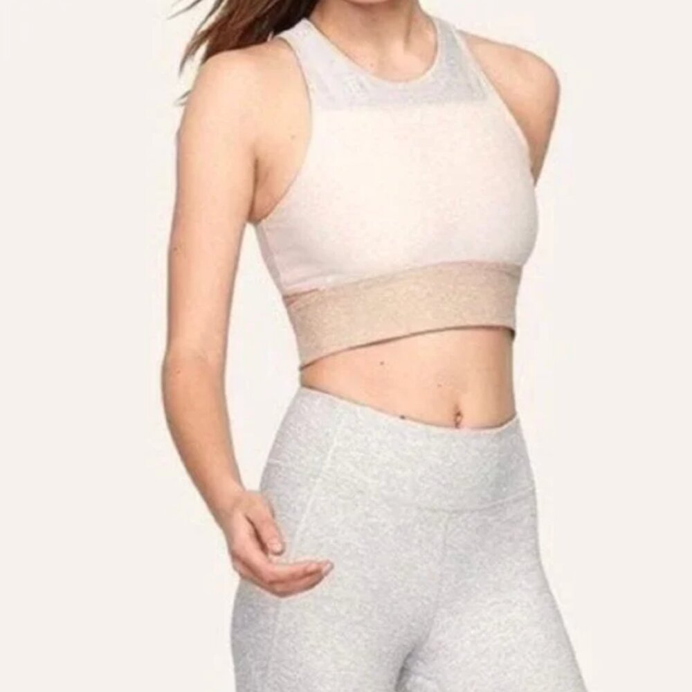 Outdoor Voices - Tri Tone Slashback Crop Top Sports Bra - Desert Dove Oatmeal